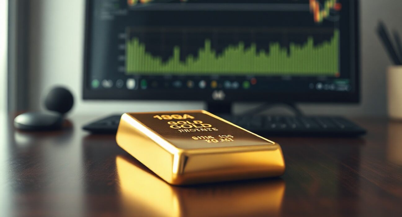 Gold bar on dark surface with financial chart showing decline in background