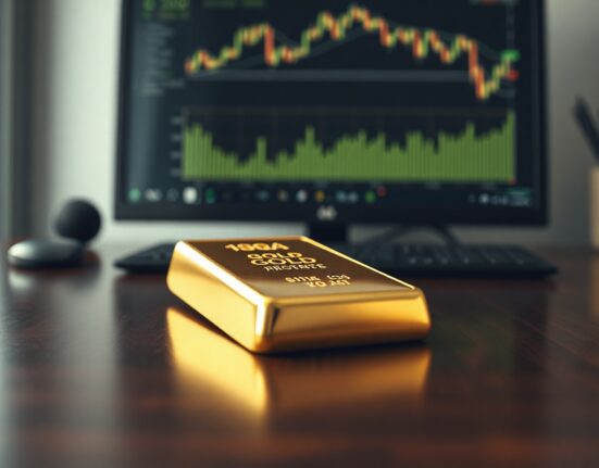 Gold bar on dark surface with financial chart showing decline in background
