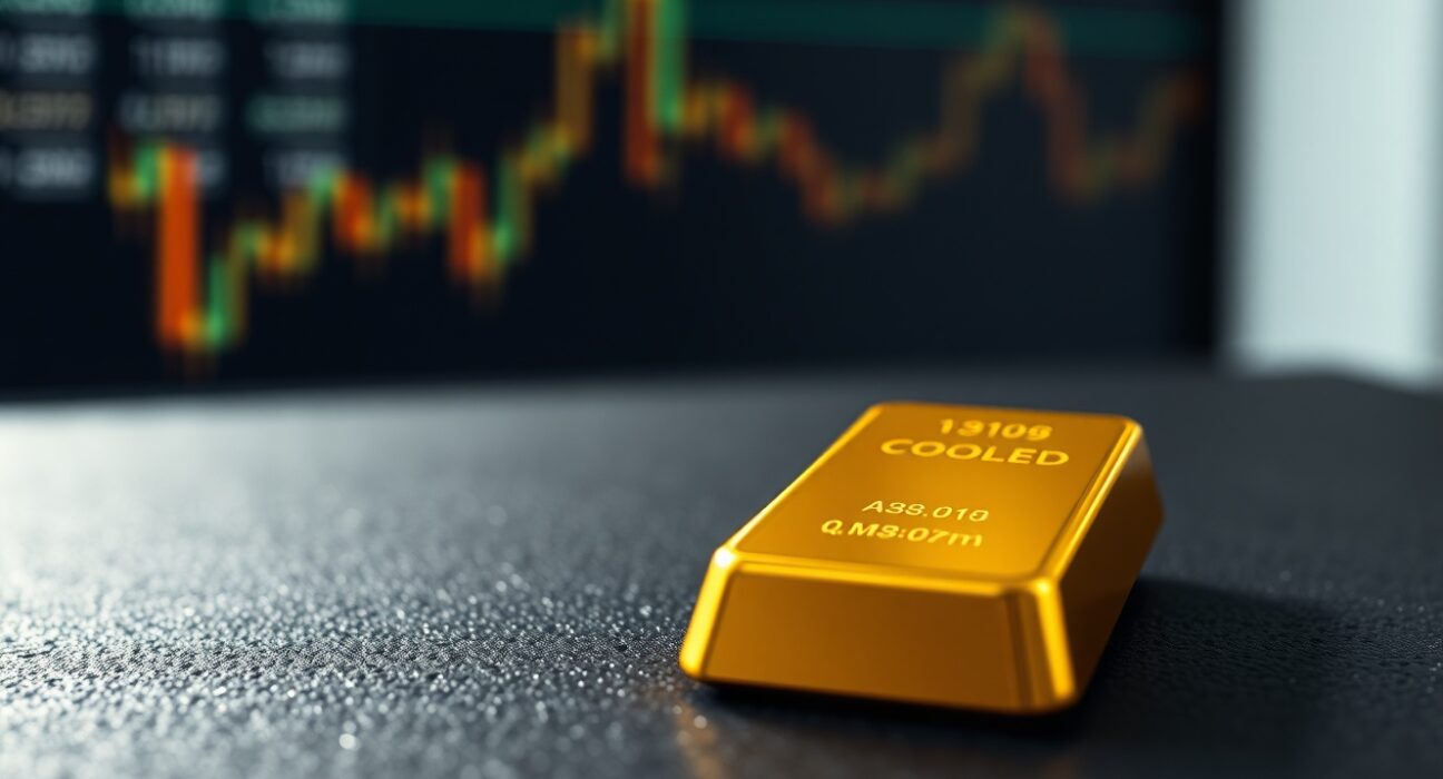 Close-up of a gold bar on a dark surface with soft lighting, representing precious metals market movements.