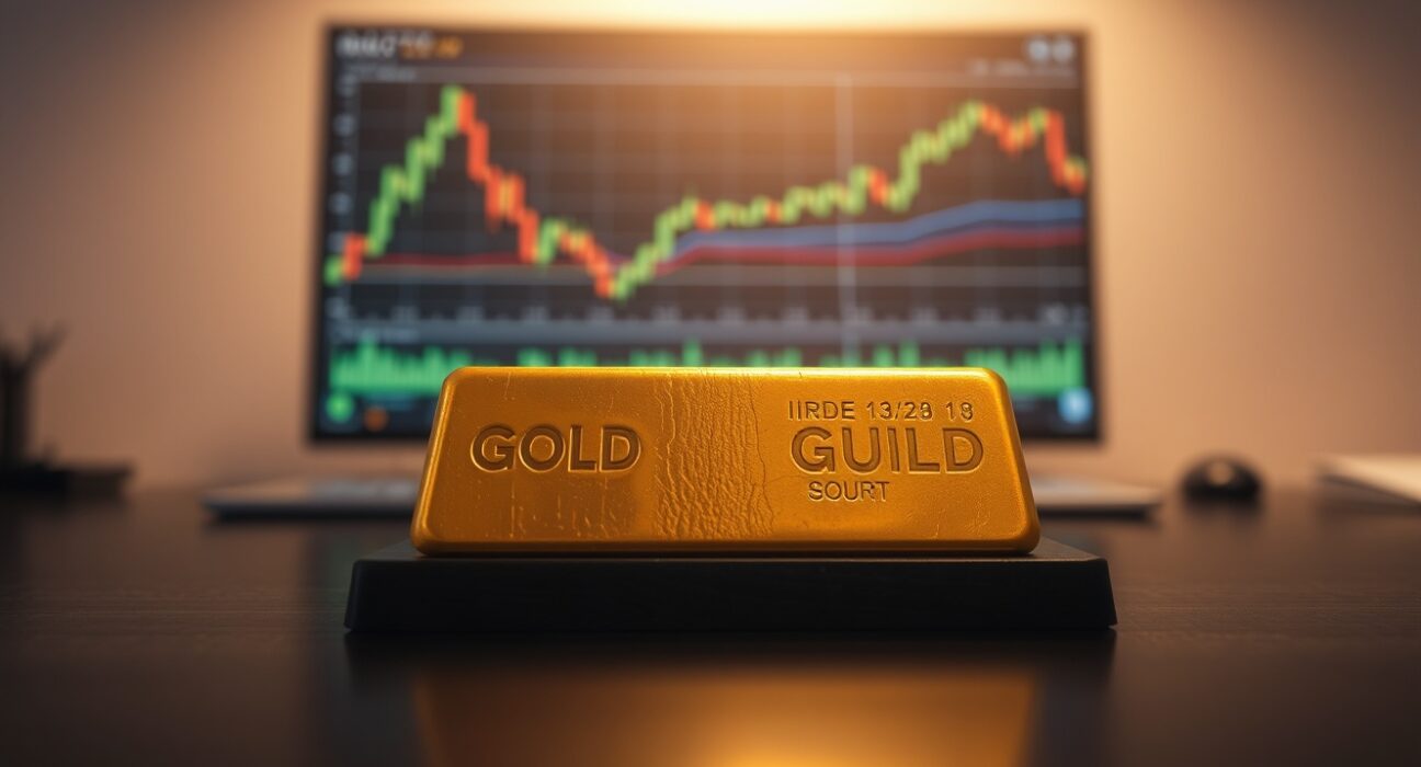 Gold bar on a dark wooden surface with financial charts blurred in the background, representing precious metals market movements.