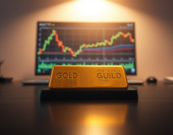 Gold bar on a dark wooden surface with financial charts blurred in the background, representing precious metals market movements.