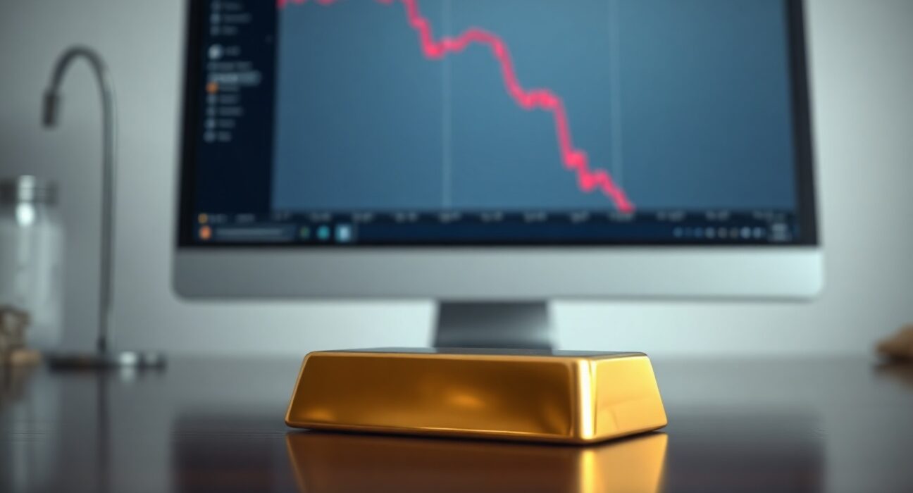 Gold bar with a declining chart in background representing falling prices due to stronger US dollar and Fed rate hike expectations.
