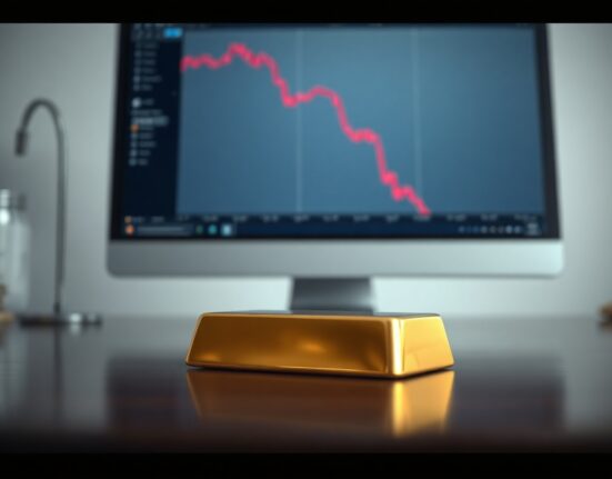 Gold bar with a declining chart in background representing falling prices due to stronger US dollar and Fed rate hike expectations.