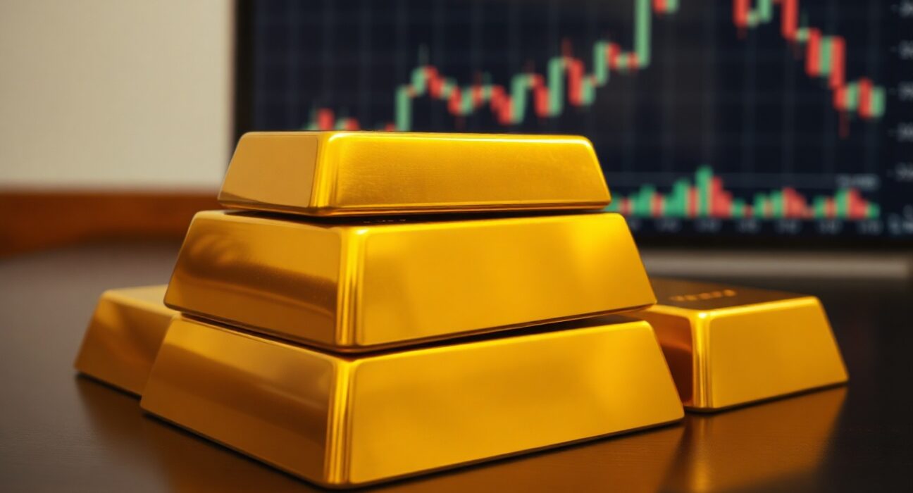 Stack of gold bars on a dark surface with a blurred financial chart background