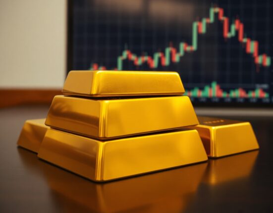 Stack of gold bars on a dark surface with a blurred financial chart background