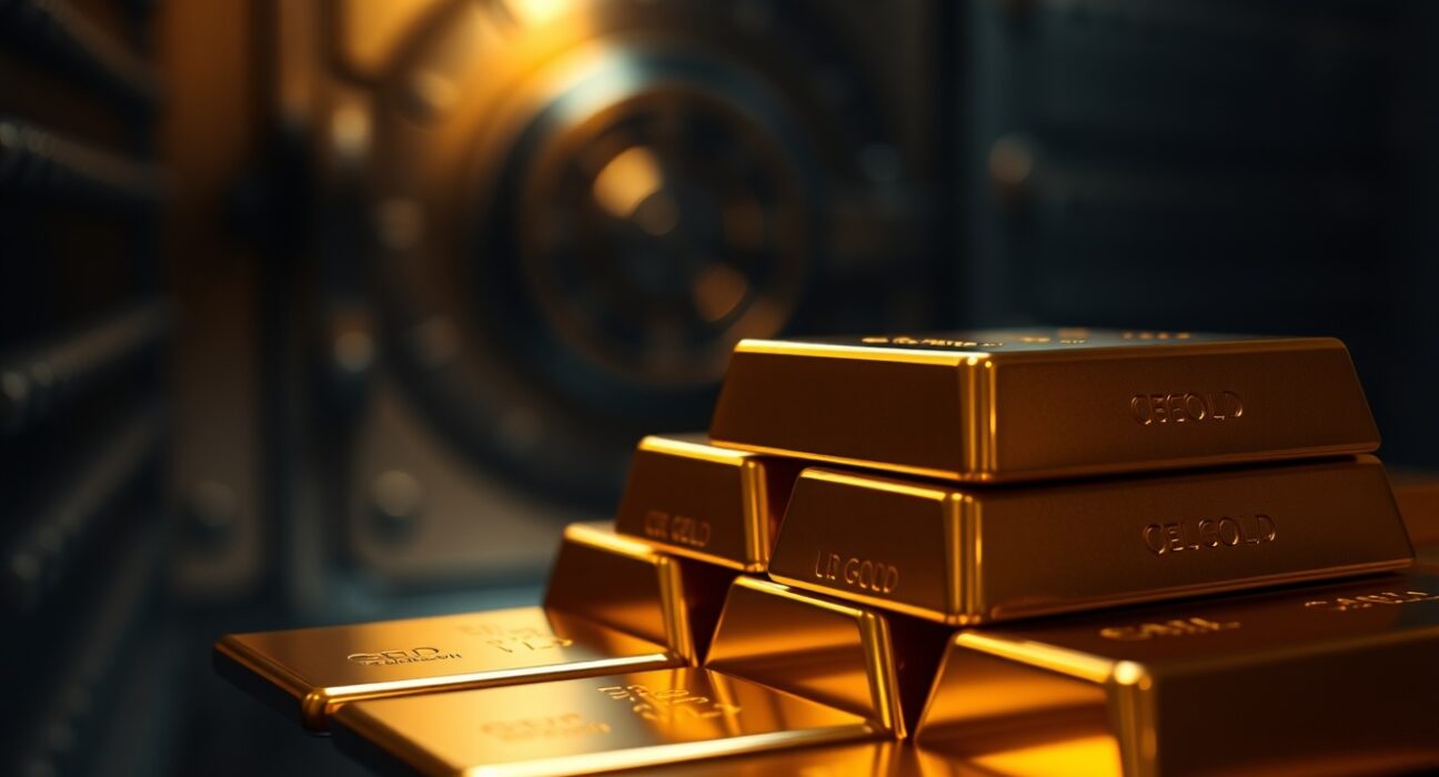 Close-up of gold bars in a vault representing safe-haven demand and market uncertainty.