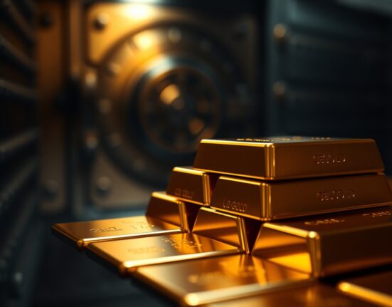 Close-up of gold bars in a vault representing safe-haven demand and market uncertainty.