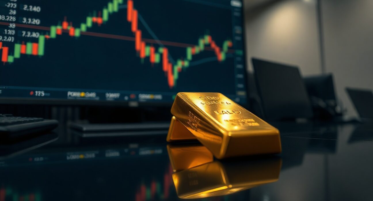 Gold bullion bar with candlestick chart in background, symbolizing price rally