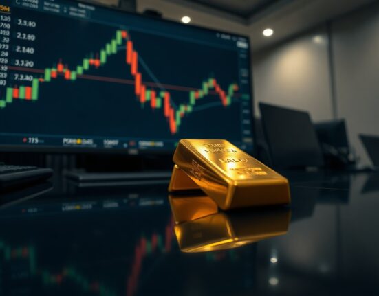 Gold bullion bar with candlestick chart in background, symbolizing price rally