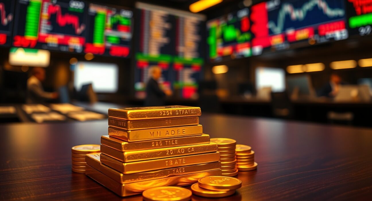 Gold bars and coins on a table with a blurred financial trading floor in the background