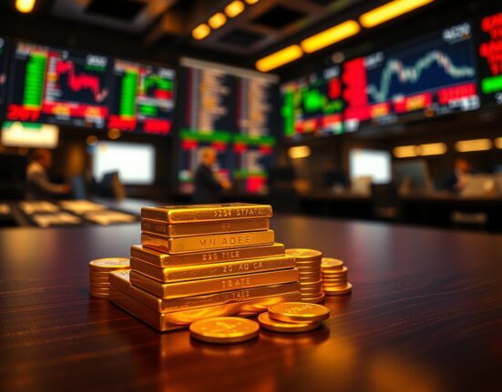 Gold bars and coins on a table with a blurred financial trading floor in the background