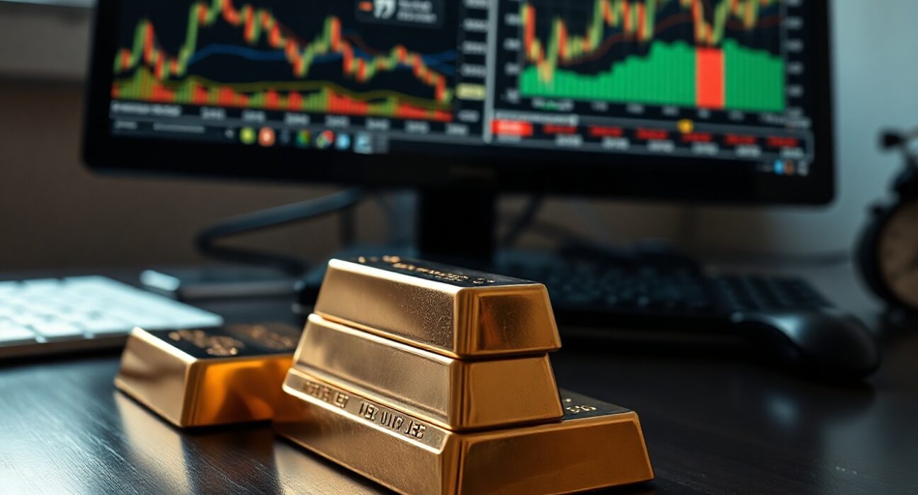 Stacked gold bars with financial charts and news headlines in the background