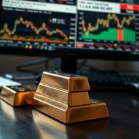 Stacked gold bars with financial charts and news headlines in the background