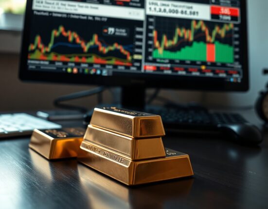 Stacked gold bars with financial charts and news headlines in the background