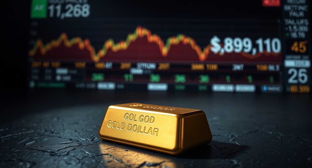 Gold bar with financial market ticker showing declining gold prices and strong dollar