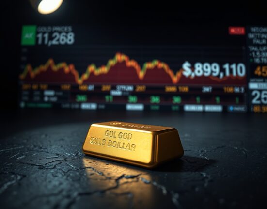 Gold bar with financial market ticker showing declining gold prices and strong dollar