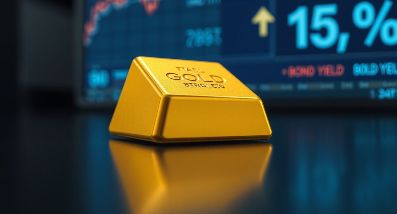 Gold bar on reflective surface with stock ticker showing falling prices and rising bond yields, illustrating the gold extends slide as Powell stays scenario
