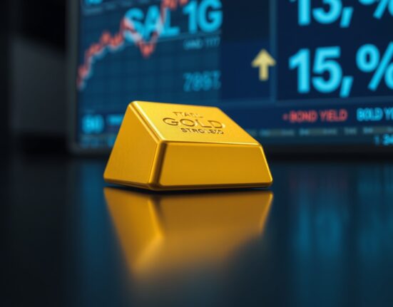 Gold bar on reflective surface with stock ticker showing falling prices and rising bond yields, illustrating the gold extends slide as Powell stays scenario