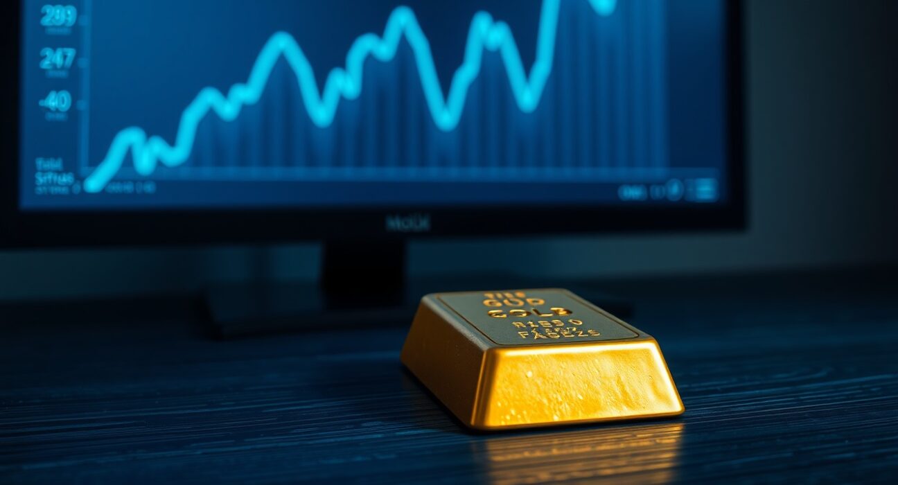 Gold bar with downward chart trend symbolizing bearish gold price pressure ahead of Fed rate decision.