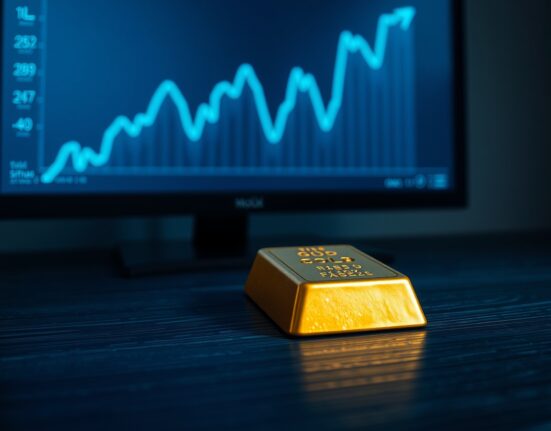 Gold bar with downward chart trend symbolizing bearish gold price pressure ahead of Fed rate decision.