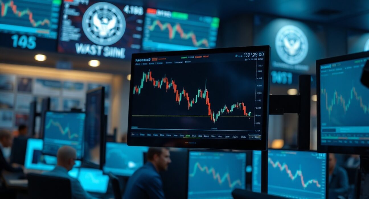 Gold price chart showing decline on a trading desk monitor in a financial newsroom
