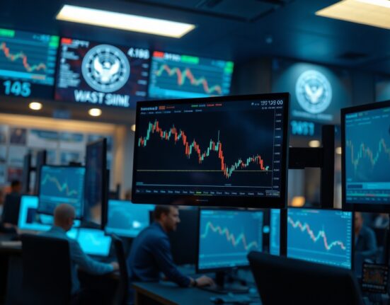 Gold price chart showing decline on a trading desk monitor in a financial newsroom