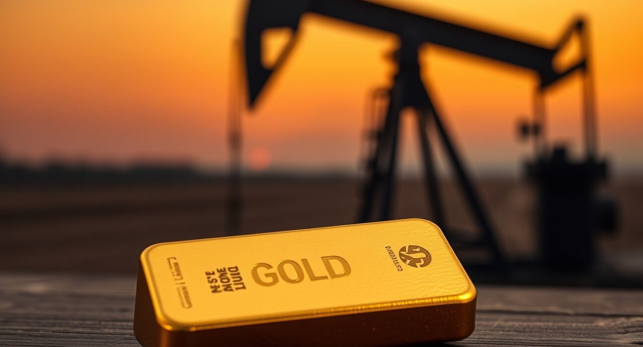 Gold bar with oil pumpjack silhouette in background representing geopolitical market tensions