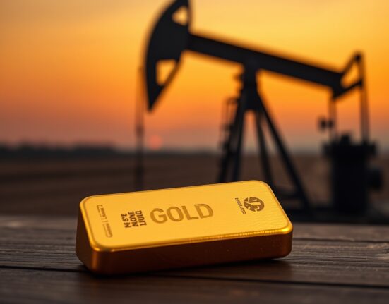Gold bar with oil pumpjack silhouette in background representing geopolitical market tensions