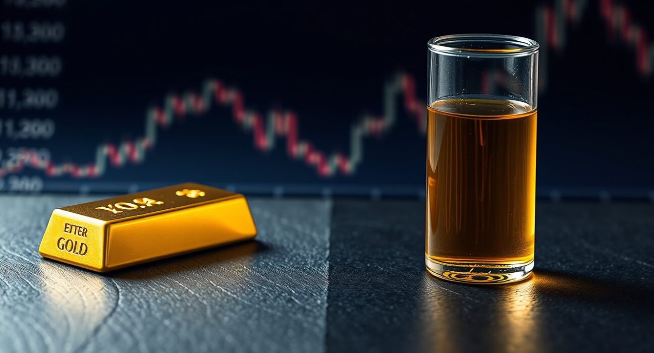 Gold bullion and crude oil representing the inverse price relationship impacting interest rate expectations.