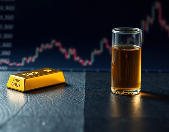 Gold bullion and crude oil representing the inverse price relationship impacting interest rate expectations.