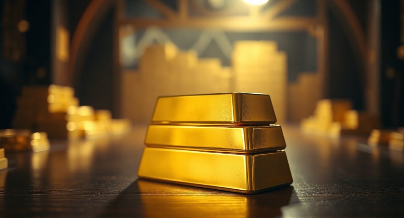 Gold bars stacked on a dark surface with soft spotlight, representing falling precious metal prices amid Fed rate hike expectations.