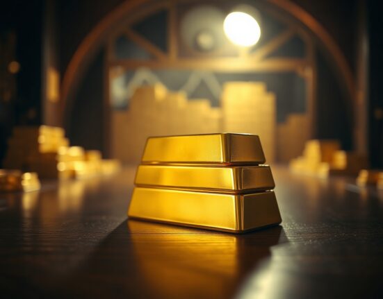 Gold bars stacked on a dark surface with soft spotlight, representing falling precious metal prices amid Fed rate hike expectations.