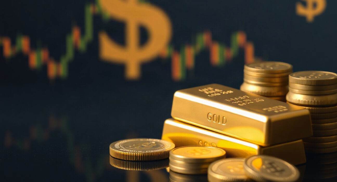 Gold bars and coins with a blurred background of financial charts and US dollar symbols
