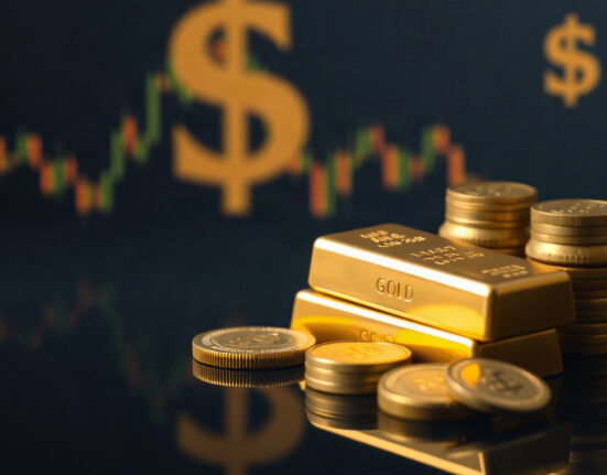 Gold bars and coins with a blurred background of financial charts and US dollar symbols