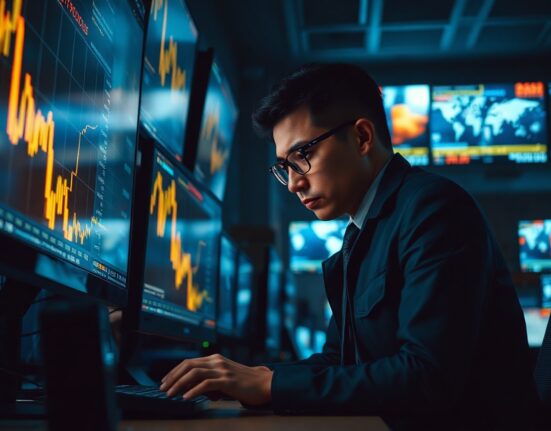 Trader monitoring gold price charts amid geopolitical uncertainty and NFP data anticipation