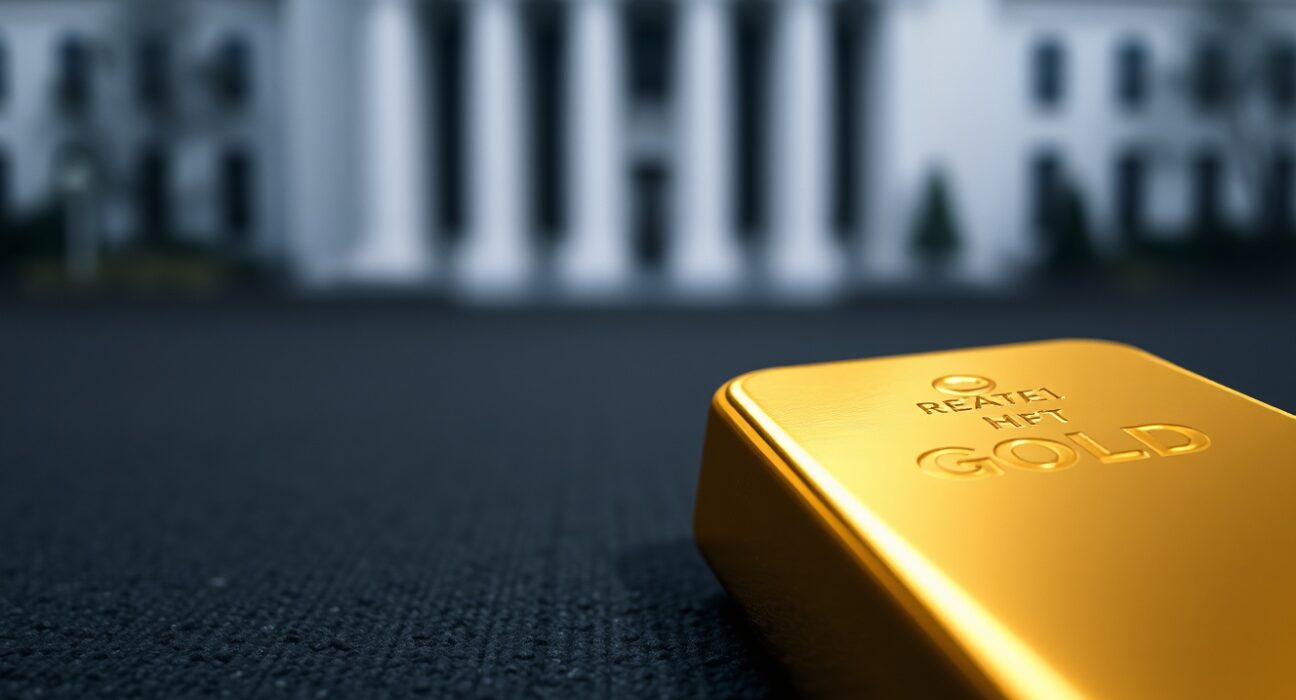 Gold bar with US dollar and Federal Reserve building in background, representing market analysis.