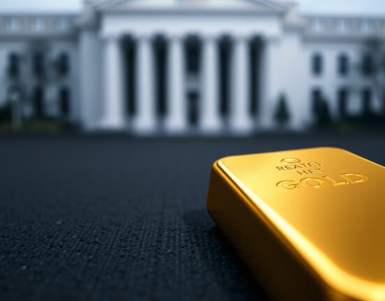Gold bar with US dollar and Federal Reserve building in background, representing market analysis.