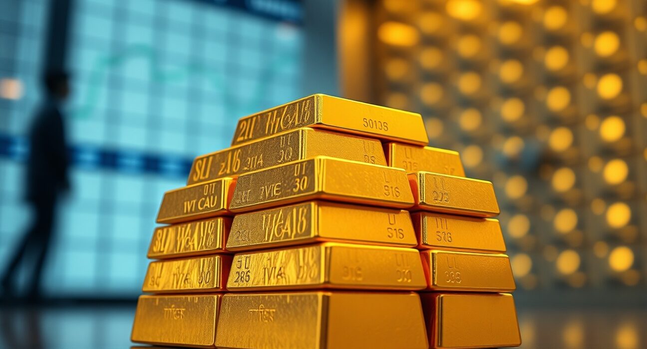 Gold bullion bars stacked in a financial vault setting