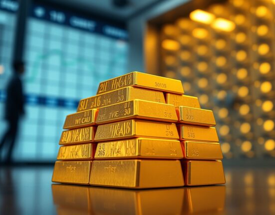 Gold bullion bars stacked in a financial vault setting