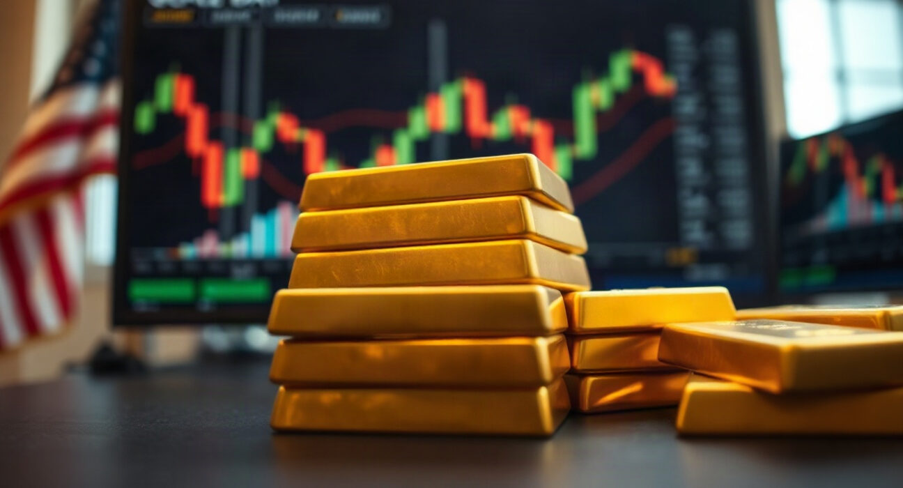 Gold bullion bars with financial charts in background, representing inflation data and Fed policy impact on gold prices.