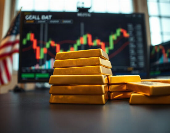 Gold bullion bars with financial charts in background, representing inflation data and Fed policy impact on gold prices.