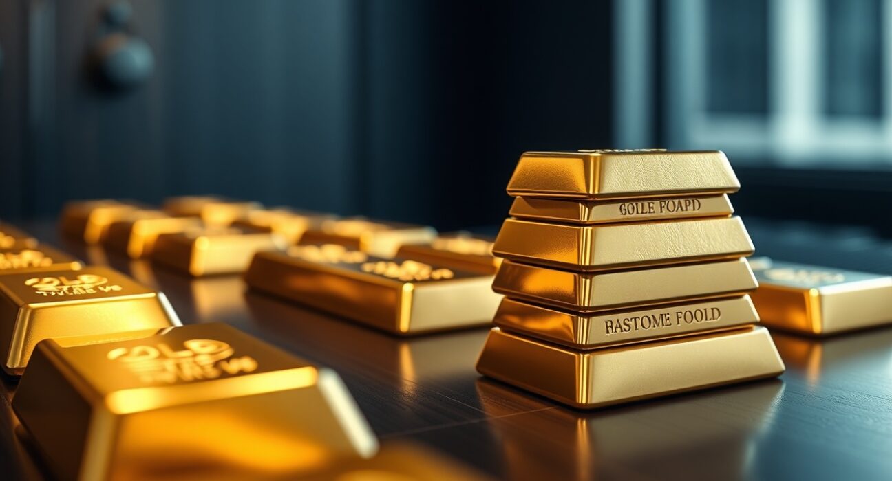 Stacked gold bars on a dark table with soft lighting