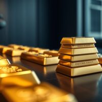 Stacked gold bars on a dark table with soft lighting