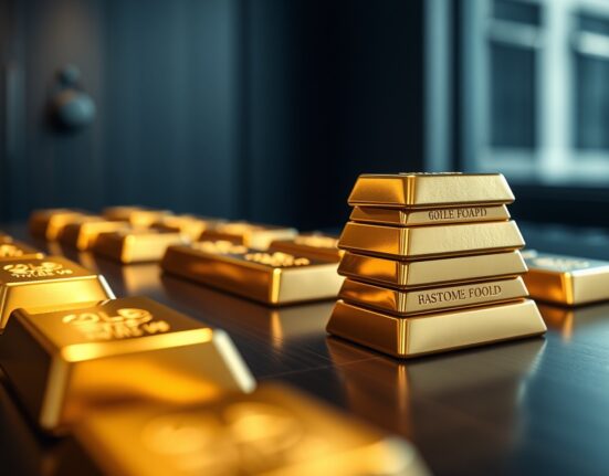Stacked gold bars on a dark table with soft lighting