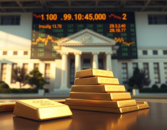 Gold bars in foreground with Federal Reserve building and USD ticker in background, representing gold firms as USD weakens amid higher-for-longer rates.