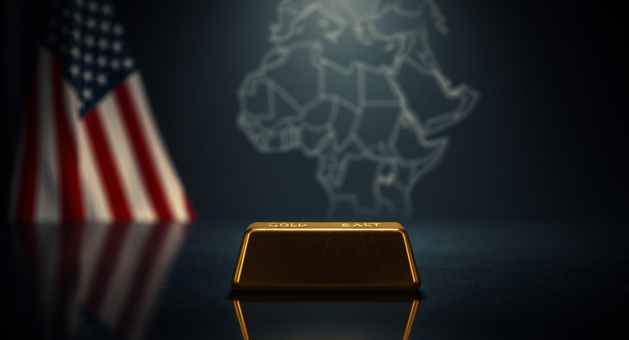 A single gold bar on a dark surface with a blurred American flag and Middle East map in the background, representing gold price stability amid economic and geopolitical uncertainty.