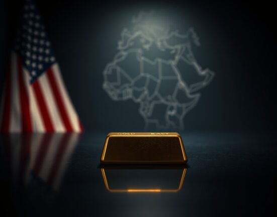 A single gold bar on a dark surface with a blurred American flag and Middle East map in the background, representing gold price stability amid economic and geopolitical uncertainty.