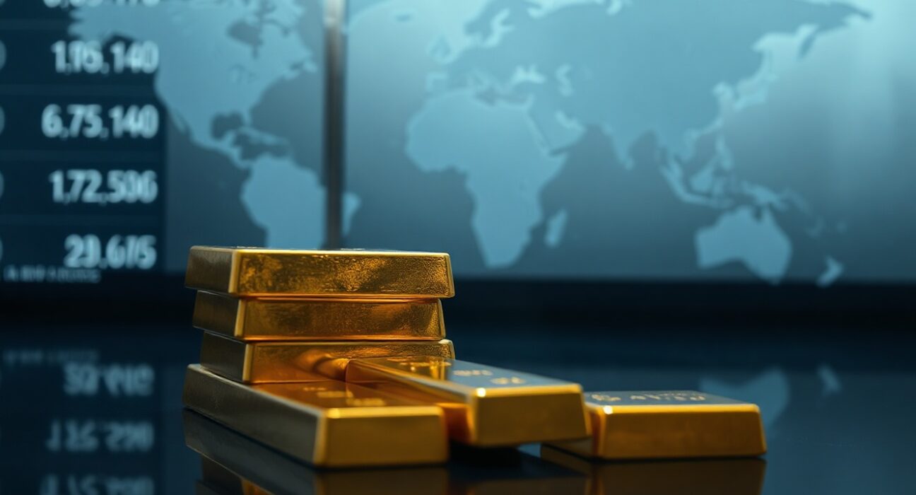 Close-up of gold bars on a dark surface with a blurred financial market display in the background