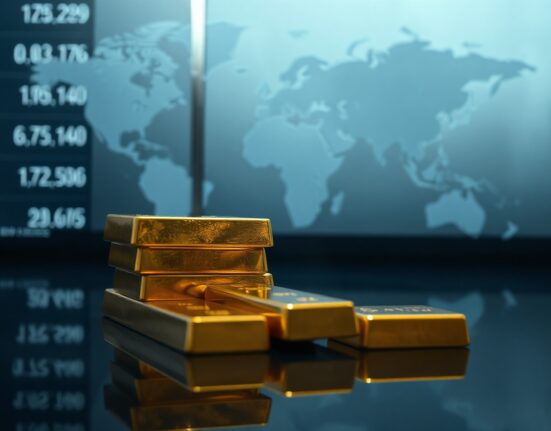 Close-up of gold bars on a dark surface with a blurred financial market display in the background