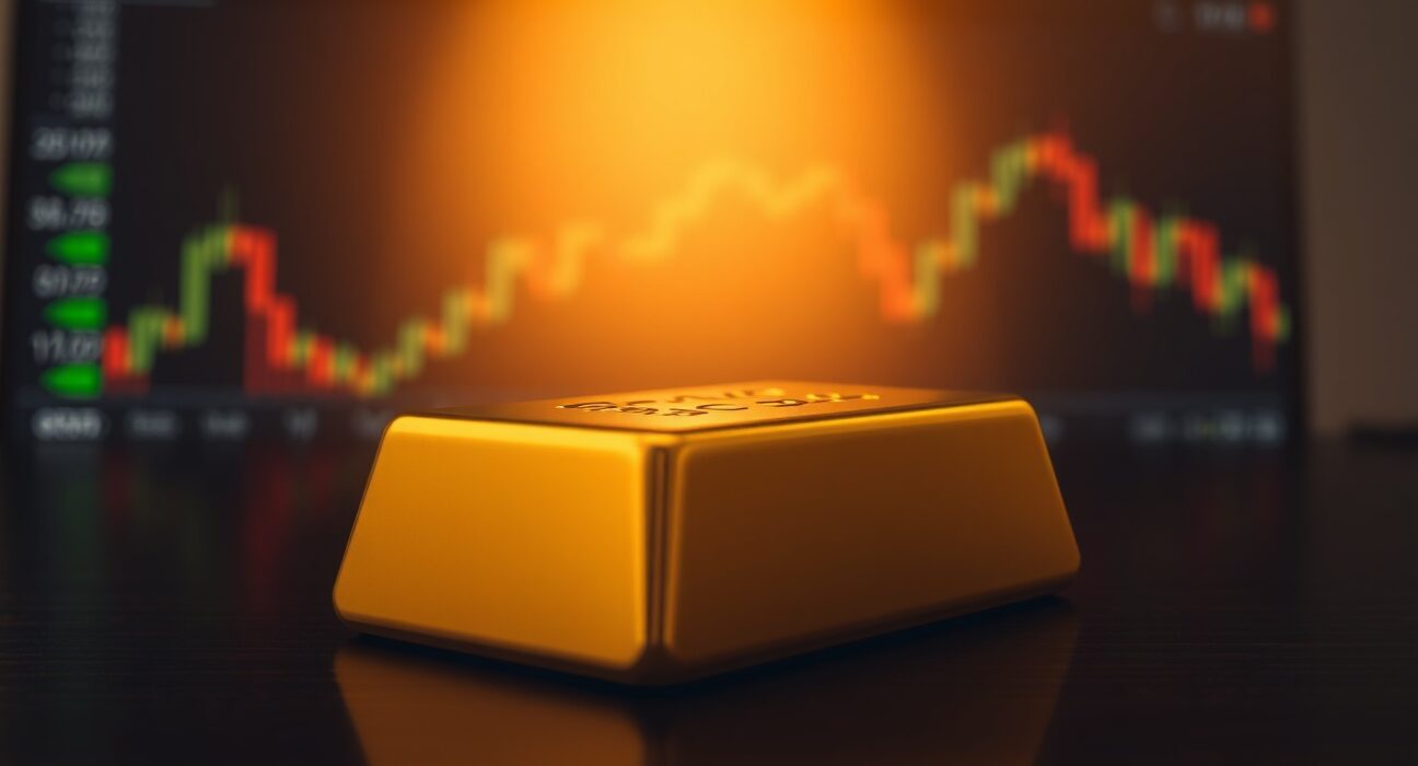 Gold bar on a wooden surface with a financial chart in the blurred background, representing gold price consolidation.